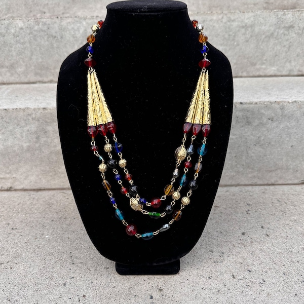 Stacked Jewel Tone and Gold Metallic Beaded Statement Necklace