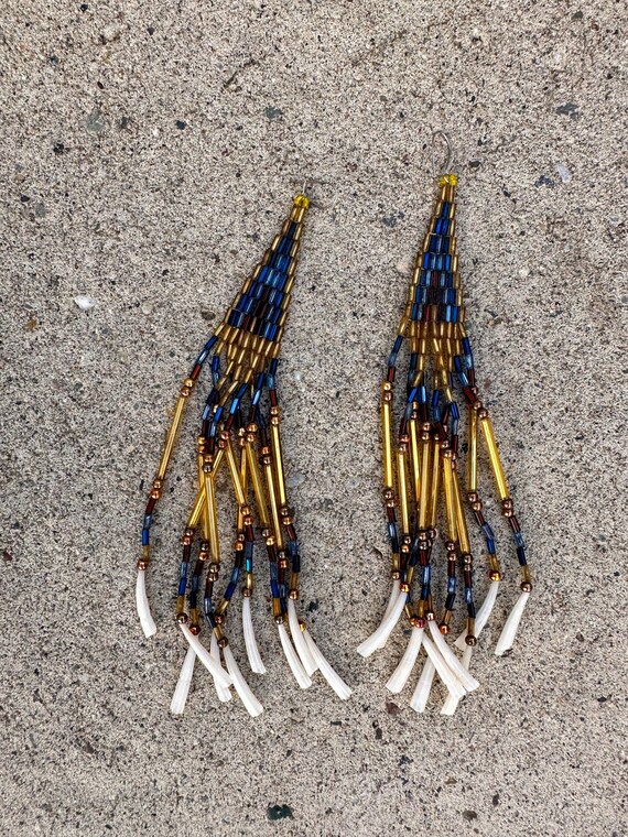 Blue and Gold Beaded Fringe Dangle Earrings