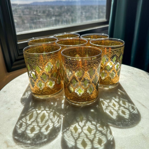 Mid Century Modern Culver Valencia Green and 22K Gold Filigree Tumblers - Set of 6