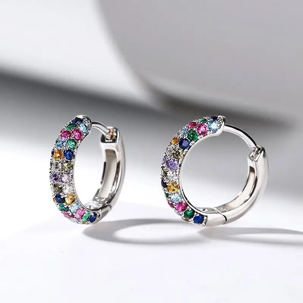 14k Multi gemstone Trendy  zirconia synthetic  hoop earrings minimalist , beautiful rainbow stone earrings,Multicolored earrings