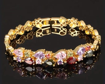 1pc Multicolored Zircon Double-Layer Bracelet, Vintage Elegant Style, Golden Jewelry For Women, Fashionable Accessory