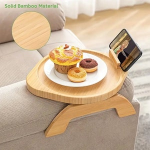 1pc Wooden Armrest Sofa Tray, Foldable Table Tray, Arm Tray For Sofa Light Brown round