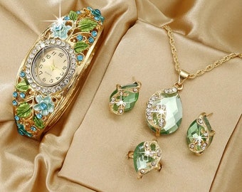 4pcs Baroque Flower Rhinestone Quartz Cuff Bangle Watch & Jewelry Set - Gift for Her