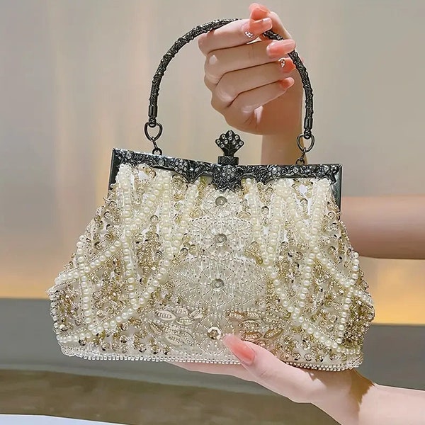 Faux Pearl & Rhinestone Kiss Lock Clutch Bag, Floral Handle Party Bag, Metal Chain Crossbody Bag