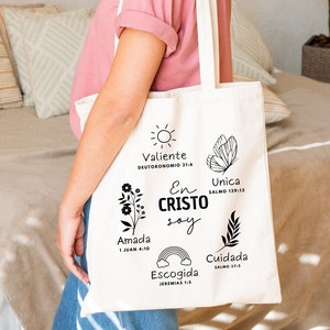 En Cristo soy Tote bag, Tote bag con versículos de la Biblia en español, Regalos para mujeres cristianas en español, Regalo para mujer cristiana