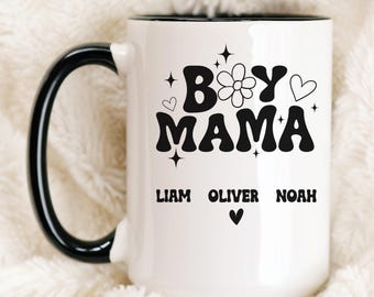 Personalized Boy Mama Mug with Kids’ Names • Custom Coffee Cup • Christmas Gift for Mom