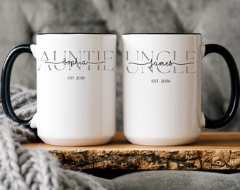 Auntie & Uncle Pregnancy Announcement Coffee Cup, Custom Name Mug Baby Reveal