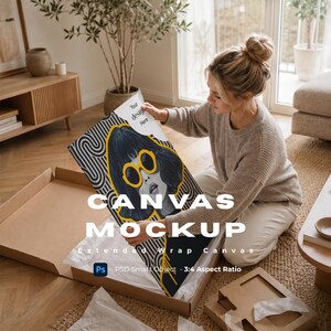 May include: A rectangular canvas mockup featuring a graphic illustration of a person with dark hair wearing yellow sunglasses against a black and white wavy line background. The canvas is held over an open cardboard shipping box with white tissue paper.