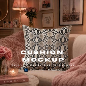 May include: A square throw cushion featuring a beige, black, and white snakeskin pattern. The text CUSHION MOCKUP is printed in white across the centre. The design includes the text Ps PSD Smart Object and 1:1 Aspect Ratio at the bottom.