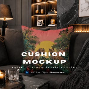 May include: A square velvet or suede fabric cushion featuring a vibrant tropical jungle scene with two leopards facing each other against a large yellow sun and pink sky. The text CUSHION MOCKUP is printed in white across the center of the image.