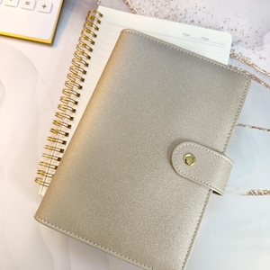 Gold Glitter Cash Binder - A6 Gold Sparkle Leather | Cash Stuffing Binder | A6 Personal Size Binder | Amy Plans