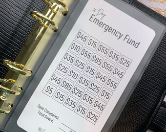 30 Day Emergency Fund Savings Challenge Card Tracker | Cash Stuffing Envelope | Amy Plans