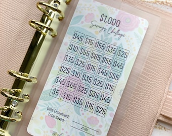 1,000 Dollar Floral Emergency Fund Savings Challenge Card