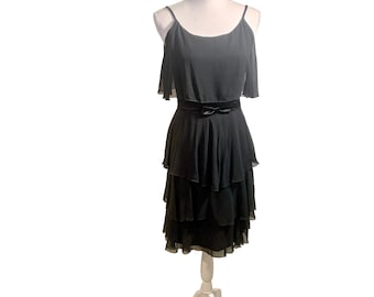 Vintage 70s Black Chiffon Tiered Dress: Evening Cocktail, Size Small
