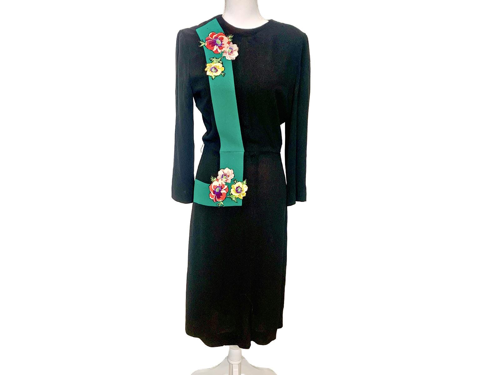 Vintage 1940's Rayon Black Dress With Wool and Applique