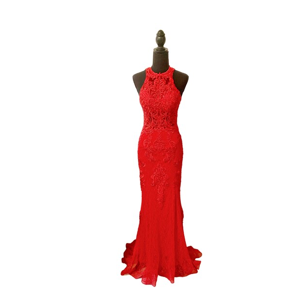 VTG Y2K Stunning dramatic RED lace, sequin, beaded Mermaid gown