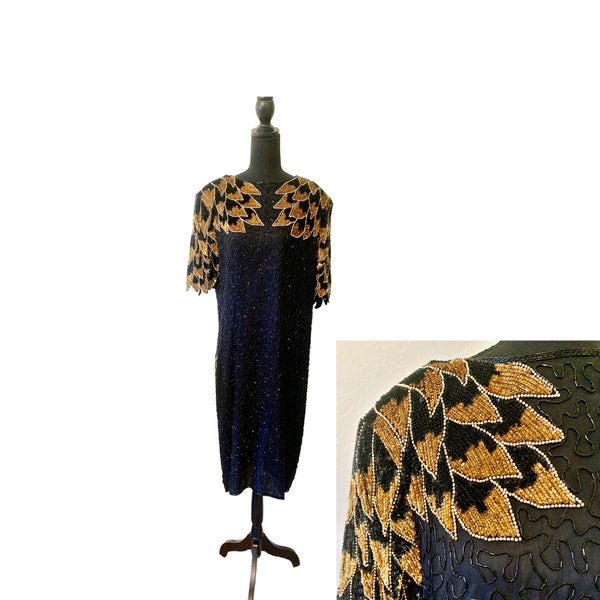 Amor ~ 1980's Vintage Beaded silk dress, Black and Gold Bust 42