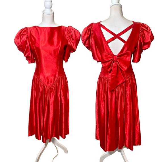 Vintage Ruby Red Party Dress: Criss Cross Back Bo… - image 1