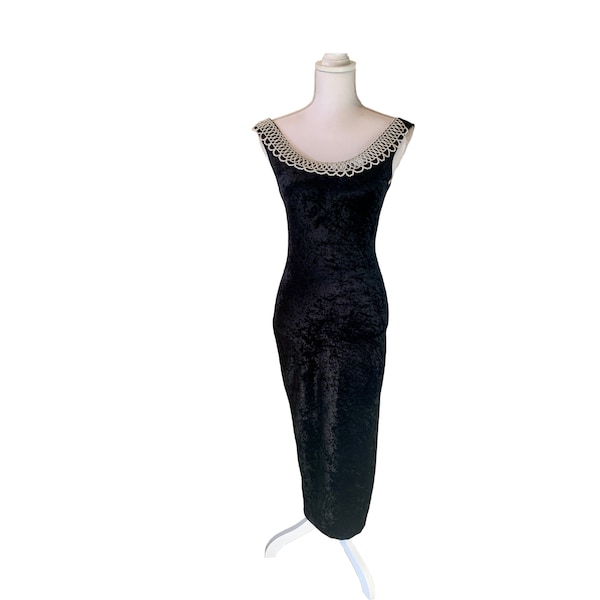 Vintage Black Velvet and pearl maxi dress