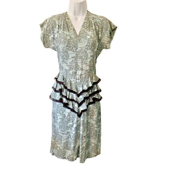 40's Vintage peplum/ straight skirt  Dress ~green/black~ landscape fabric