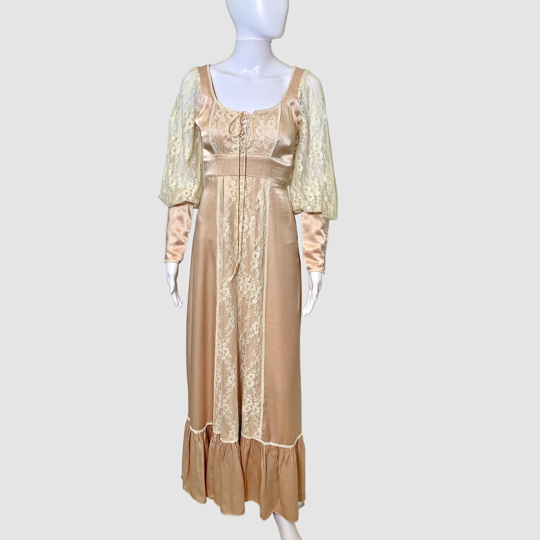 Vintage 70s Gunne Sax Maxi Dress: Satin Corset, Lace Sleeves - Etsy