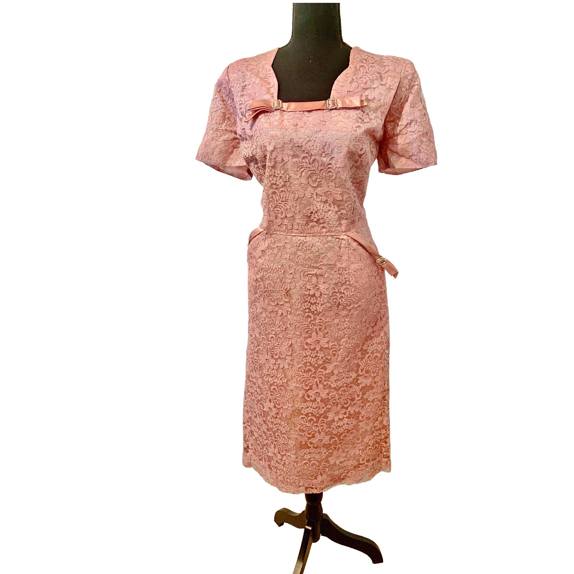 50's Vintage  Pink lace Party Evening dress ~ bust 42~ very pretty
