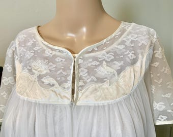 Vintage 80’s White Nylon peignoir set with satin decorations and lace ~