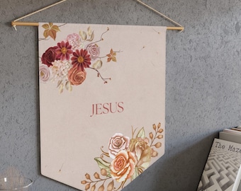 Fanion de Jésus pour elle Décoration murale chrétienne Cadeau pour elle Fleur de Jésus Décoration d'intérieur Bannière chrétienne avec Jésus Girly