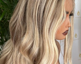 Peluca rubia con frente de encaje HD: cabello humano crudo, gorra ajustable