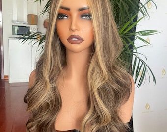 Parrucca in pizzo Balayage: capelli umani castani biondi lunghi e ondulati