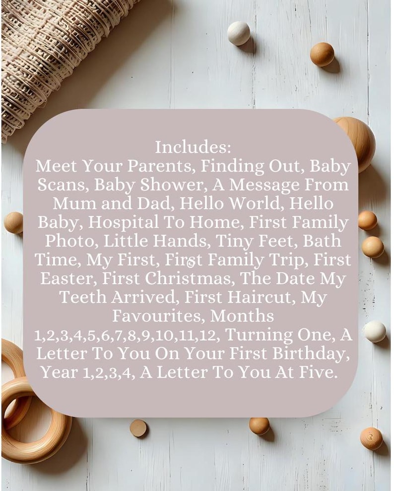 May include: A light pink card with the text "Includes:" followed by a list of milestones for a baby's first year, including "Meet Your Parents", "Finding Out", "Baby Scans", "Baby Shower", "A Message From Mum and Dad", "Hello World", "Hello Baby", "Hospital To Home", "First Family Photo", "Little Hands", "Tiny Feet", "Bath Time", "My First", "First Family Trip", "First Easter", "First Christmas", "The Date My Teeth Arrived", "First Haircut", "My Favourites", "Months", "1,2,3,4,5,6,7,8,9,10,11,12", "Turning One", "A Letter To You On Your First Birthday", "Year 1,2,3,4", "A Letter To You At Five". The card is surrounded by wooden beads.