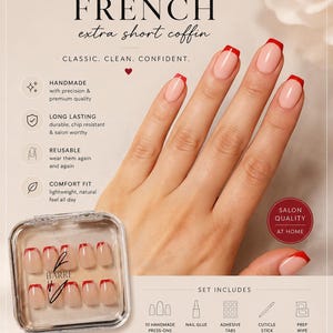 May include: A hand displays red micro French extra short coffin press-on nails. The image includes a box of press-ons, and icons indicating handmade, long-lasting, reusable, and comfort fit features. Text reads "Effortless nails, every time."
