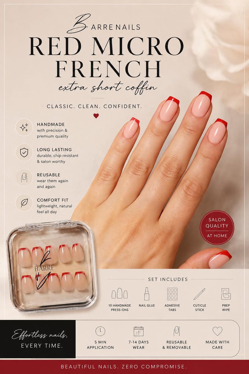 May include: A hand displays red micro French extra short coffin press-on nails. The image includes a box of press-ons, and icons indicating handmade, long-lasting, reusable, and comfort fit features. Text reads "Effortless nails, every time."