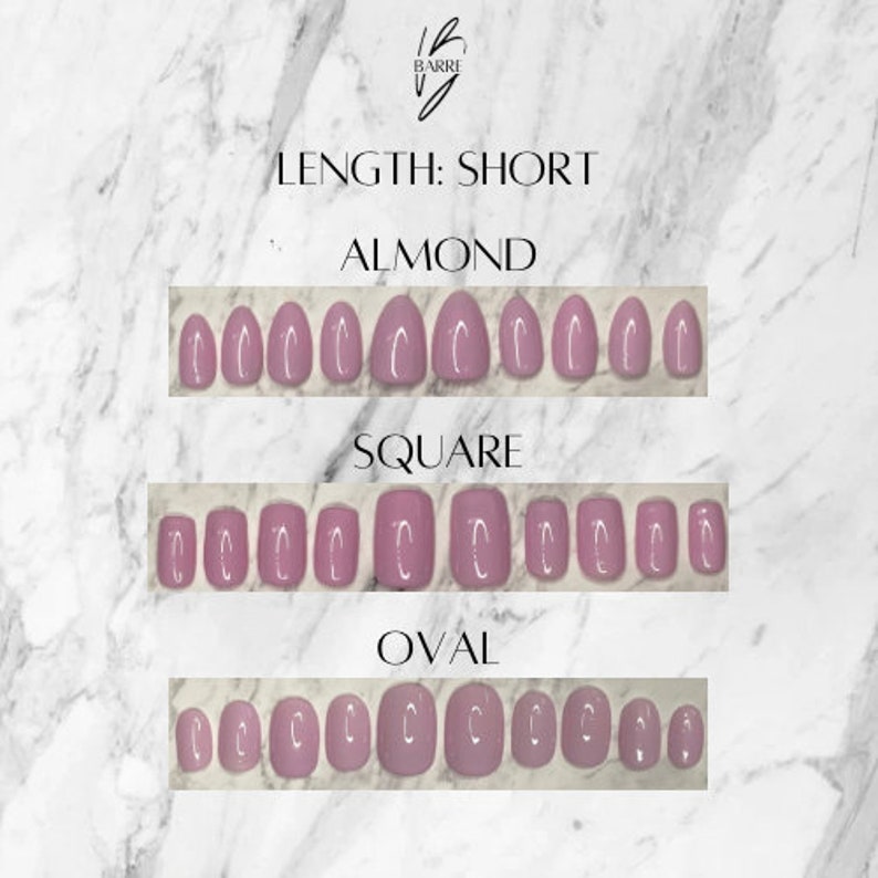 May include: Image showcasing short-length press-on nails in almond, square, and oval shapes. The nails are a solid, light mauve color. The text "LENGTH: SHORT" and the shape names are visible.