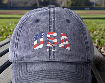 Gorra vintage bordada con la bandera de EE. UU.: gorra patriótica de sarga de algodón