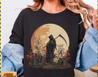 死神の月Tシャツ：ゴシック墓地コンフォートカラーTシャツ