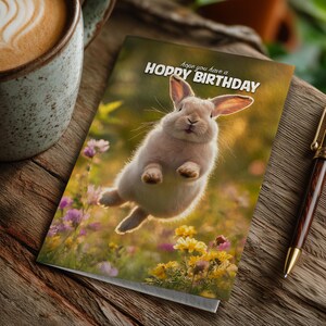 Tarjeta de cumpleaños con un conejito entre flores