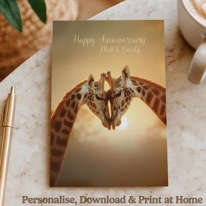 Giraffes Together - Biglietto d'auguri stampabile con giraffa 7x5" per anniversario/romantico/compleanno
