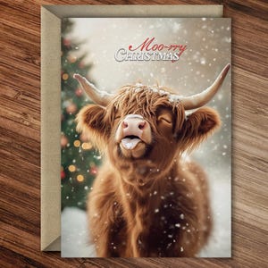 Moo-rry Christmas - Tarjeta navideña envolvente con adorable vaca de las Tierras Altas