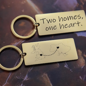 Porte-clés pour deux maisons, pays personnalisé, porte-clés d'état, cadeau pour une relation longue distance, collier personnalisé, cadeau de la Saint-Valentin