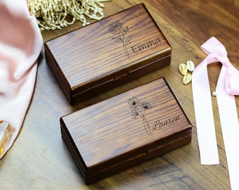 Personalised Wooden Jewelry Box with Birth Flower & Name - Birth Flower Keepsake, Custom Name