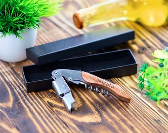 Personalised Wood Handle Corkscrew -  Engraved Wine Opener with Gift Box