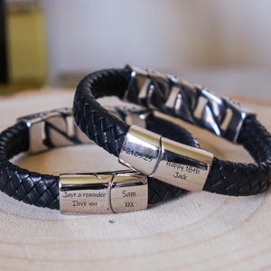Men&#39;s Personalised Woven Leather Bracelet with Engraved Stainless Steel Clasp