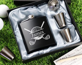 Set regalo personalizzato con fiaschetta nera da golfista - Fiaschetta incisa per golfisti