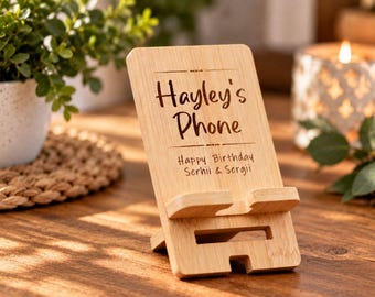 Personalised Wooden Phone Stand - Custom Engraved Mobile Holder