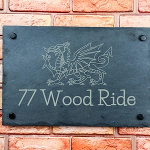 Rustic slate house sign farmhouse plaque door number with Welsh dragon  Laser engraved house number  house number sign made of slate stone