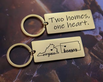 Portachiavi con due stati degli Stati Uniti - Portachiavi personalizzato con due case - Regalo a lunga distanza