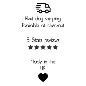 May include: A black and white illustration of a delivery truck with the text "Next day shipping Available at checkout". Five stars are shown with the text "5 Stars reviews". The text "Made in the UK" is shown with a black heart below.