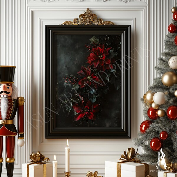 MOODY POINSETTIA MALEREI | vintage europäische Kunst, düstere Stimmungsbilder, stimmungsvolle Weihnachts-Wandkunst, stimmungsvolle Vintage-Kunst, Cottage-Core-Kunst