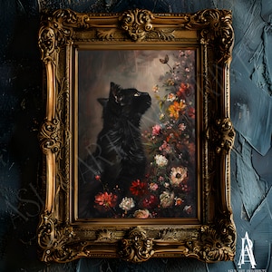 ムーディな黒猫 | ヴィンテージ ヨーロピアン アート、ダークでムーディなプリント、ヴィンテージ ギャラリー ウォール、ムーディなヴィンテージ アート、ダーク コテージ コア アート、動物のプリント